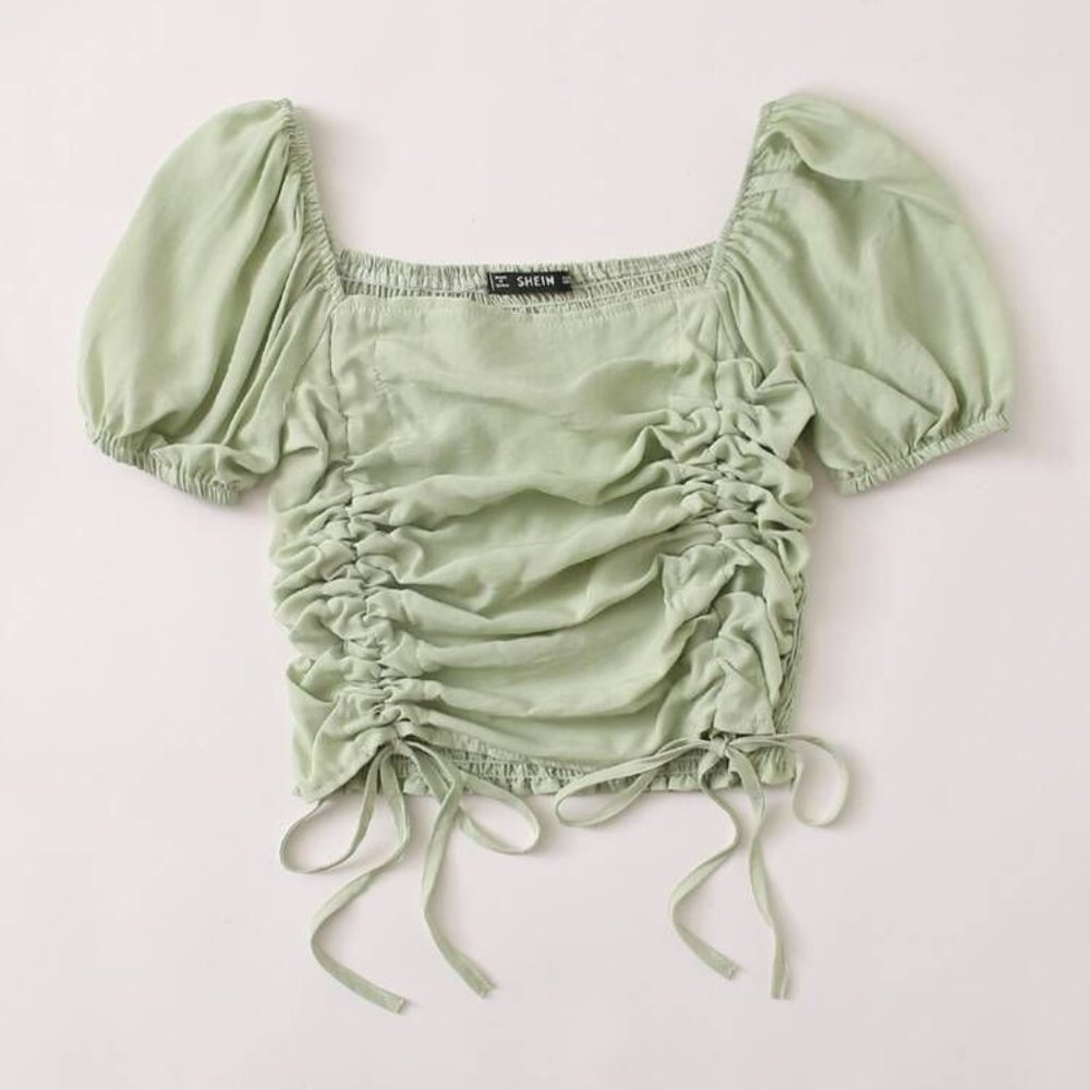 SHEIN Ruched Drawstring Knot Shirred Crop Top